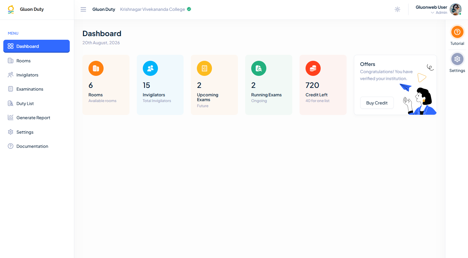 Gluon Duty Dashboard showing rooms, invigilators, examinations and credit statistics